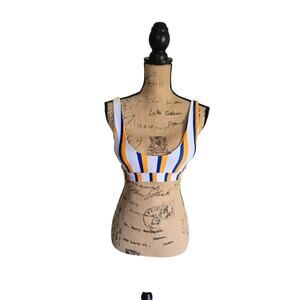 Blue, white and yellow striped bikini top, size small